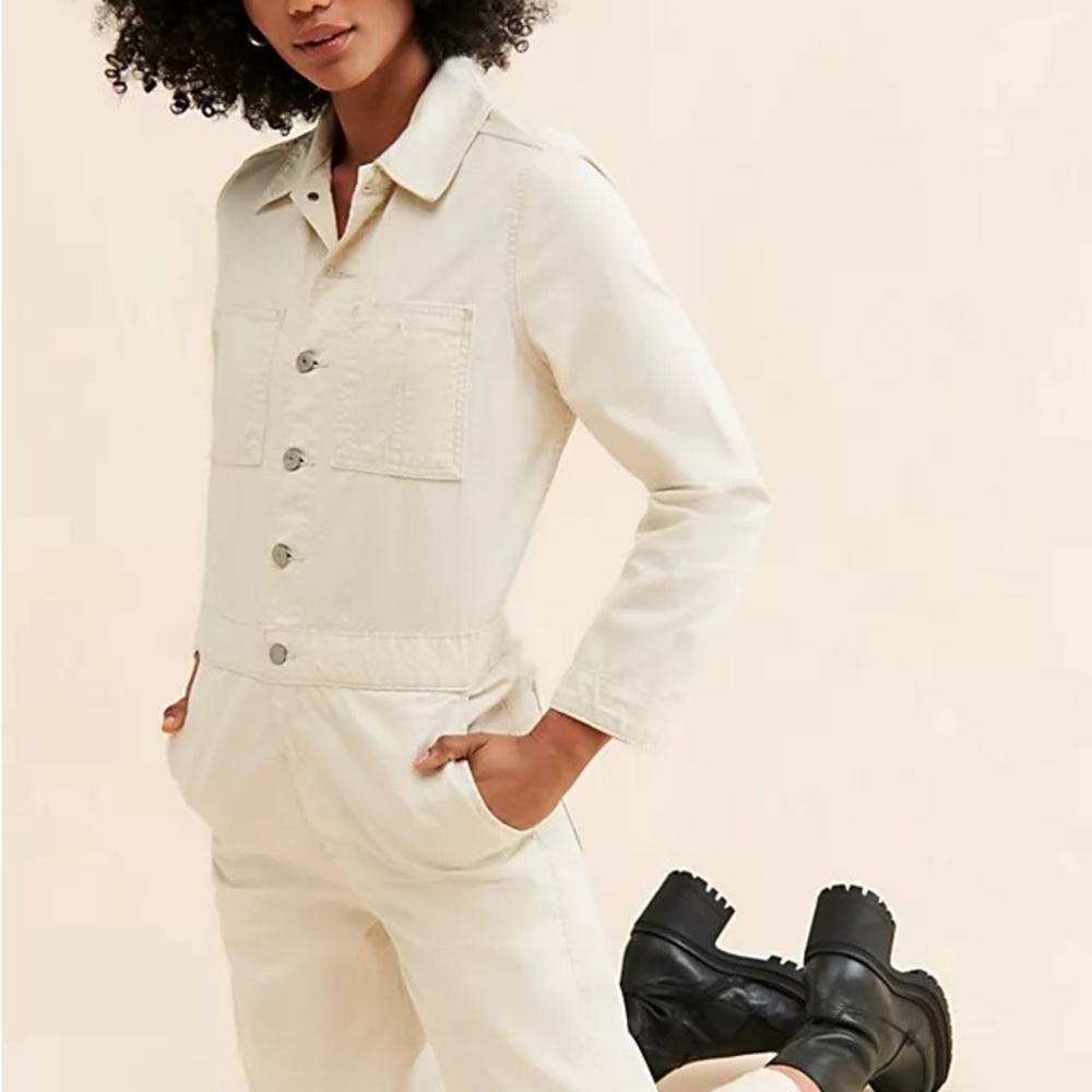 Women's Cream Utility Jumpsuit - Casual Button-Front